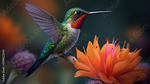 Hummingbird flying near colorful flowers. AI Generative