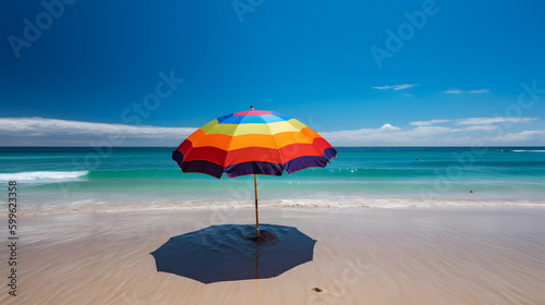 A vibrant and colorful beach umbrella stands tall on a pristine sandy beach with the clear blue ocean waves in the background  capturing the essence of a perfect summer day.