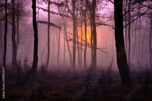 dark purple forest with foggy morning sunrise  created with generative ai