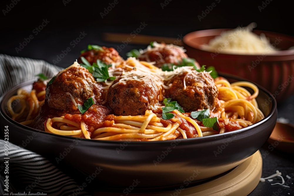 spaghetti and meatballs, ready to be served in a warm and inviting bowl, created with generative ai spaghetti and meatballs, ready to be served in a warm and inviting bowl, created with generative ai