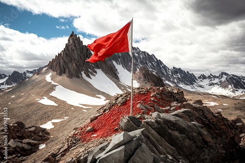 peak with red flag and ranger cabin in the distance, created with generative ai