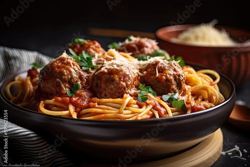 spaghetti and meatballs, ready to be served in a warm and inviting bowl, created with generative ai