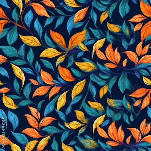 blue and orange colorful leaf filled background seamless pattern