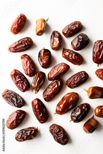 Dry dates isolated on white background, top view. Ai generated