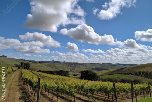 vineyard with rolling hills  blue sky and clouds  created with generative ai