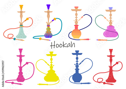 A set of various hookahs. Lounge bar logo concept. Vector illustration isolated on white background.
