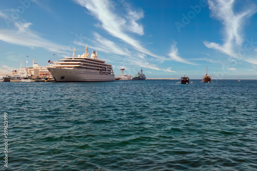 View of Muttrah port, Al Said at Arabian sea from Muttrah corniche, Muscat, Oman.