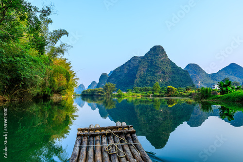 Beautiful mountain and water natural landscape in Guilin, Guangxi, China. Take a bamboo raft tour Guilin landscape.