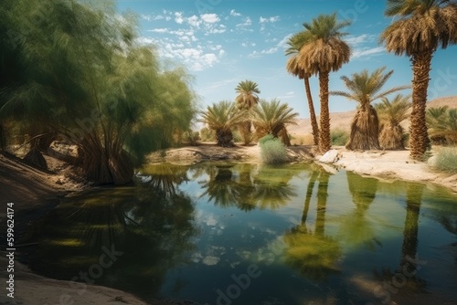 oasis with clear spring and palm trees in the desert, created with generative ai © Alfazet Chronicles