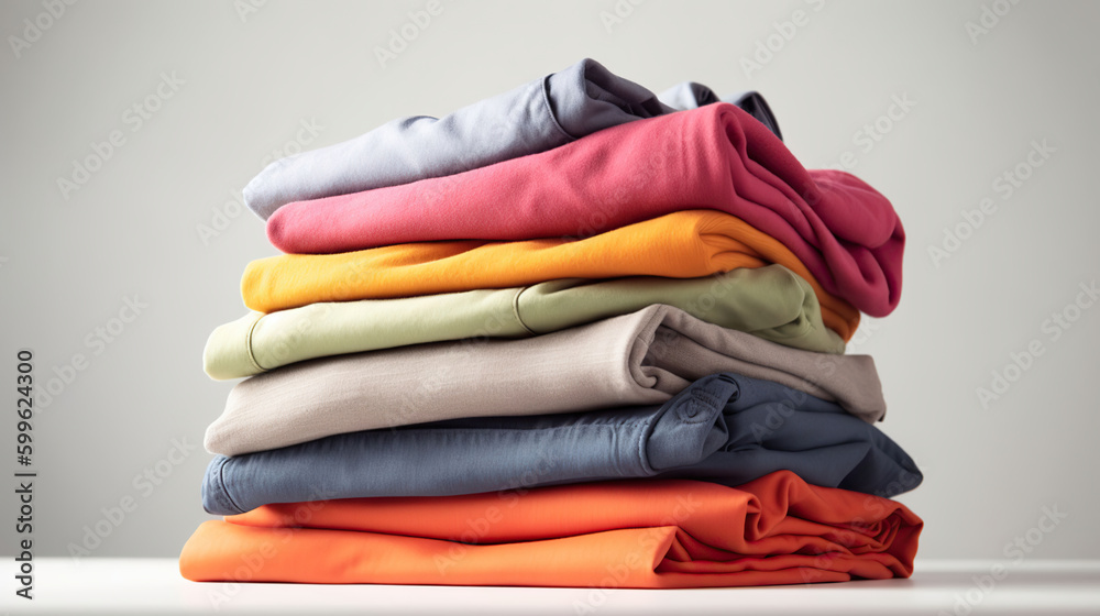 Stack of clothes on white table, closeup. AI Generative Stack of clothes on white table, closeup. AI Generative