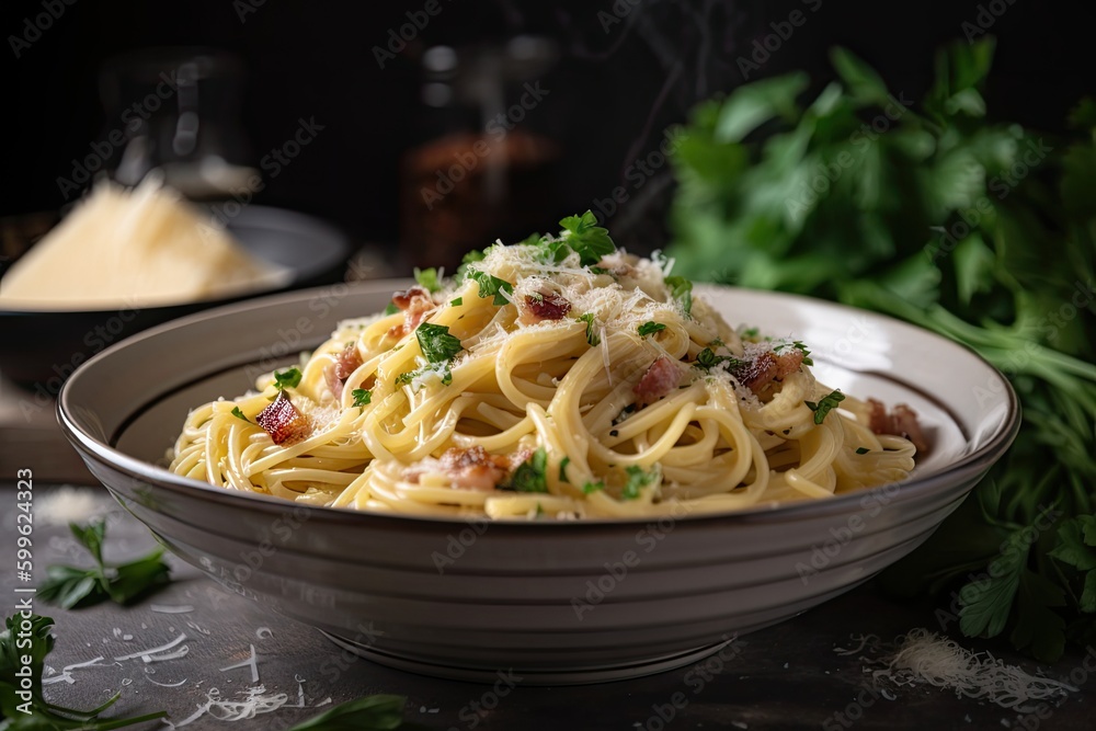 bowl of spaghetti carbonara topped with fresh herbs, created with generative ai