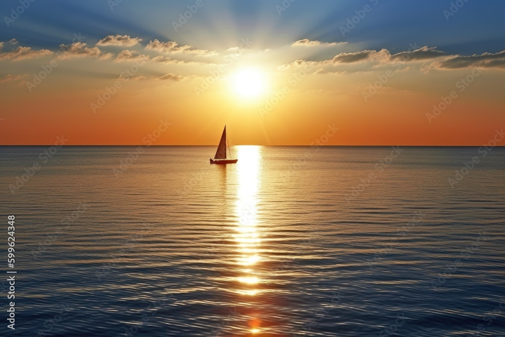 shining sun, calm sea and serene sailing boat on the horizon, created with generative ai