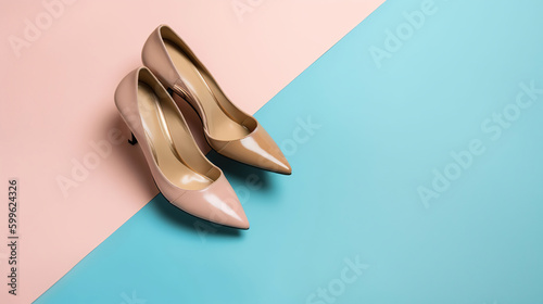 Stylish classic womens beige leather shoes with medium high heels, on blue multi-colored paper background. Copy space, flat lay. Shoe sale, clearance ad concept. AI Generative