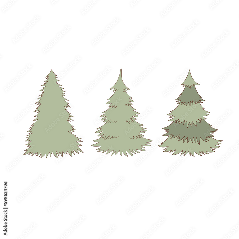 Christmas tree vector clip-art set isolated on white. Outlined spruce illustration collection. Fir-tree design elements.