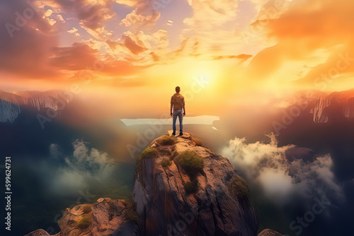 The young man stood on the top of the cliff. AI technology generated image