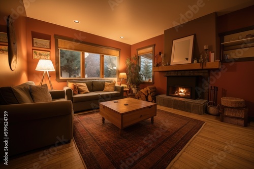 cozy living room, with fireplace and warm decor, perfect for relaxing after a long day, created with generative ai © Alfazet Chronicles