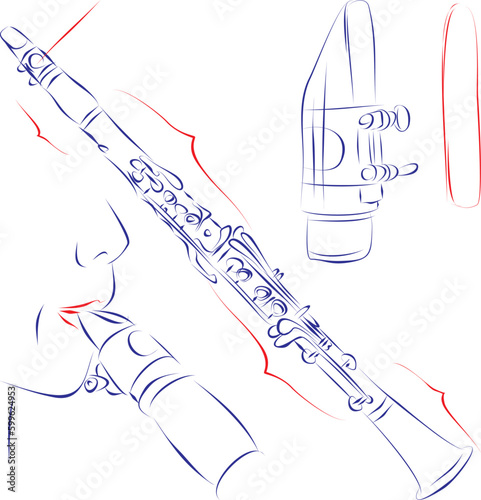 Hand drawn, vector illustration of clarinet parts and lips position on mouthpiece