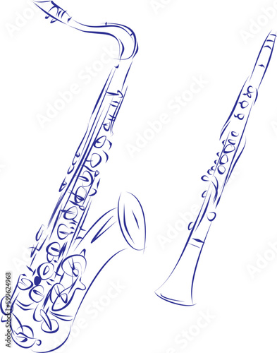 Hand drawn, vector illustration of music instruments: saxophone and clarinet