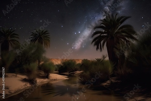 night sky with stars and moon  shining down over oasis in desert  created with generative ai
