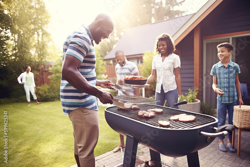 A happy African American family from the United States grilling meat in their backyard while celebrating Independence Day, July 4th