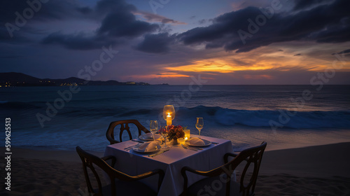 Luxury romantic candlelight dinner table setup for couple in ocean view restaurant, AI Generative