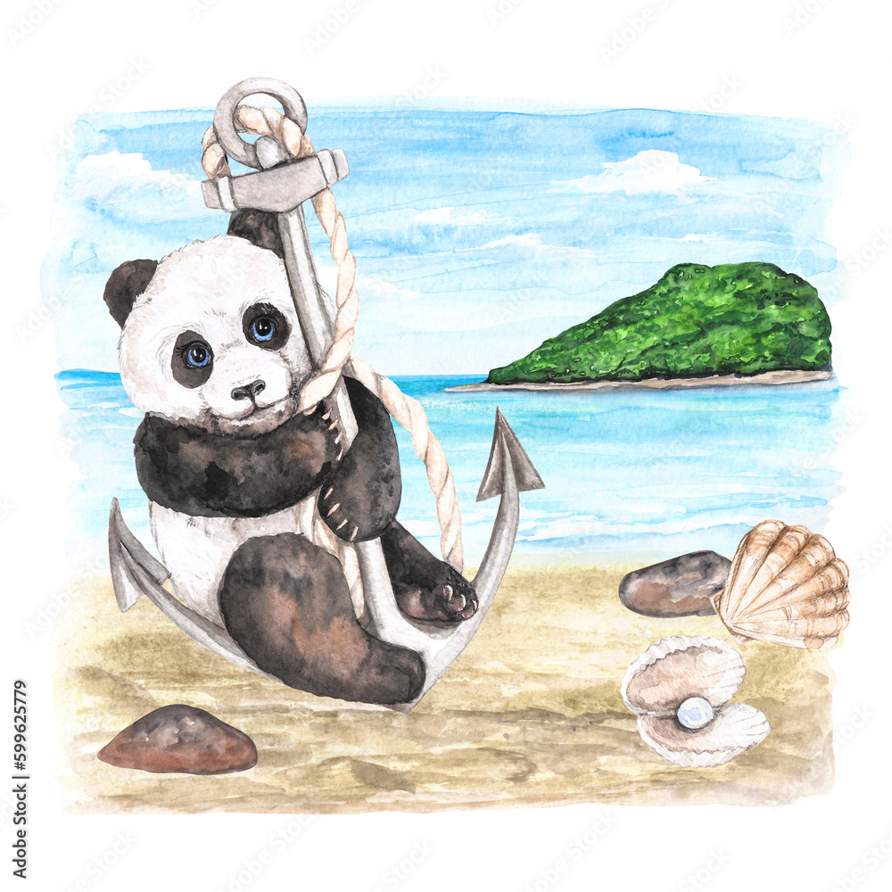 Watercolor illustration of a seascape with a cute panda anchored on golden sand with seashells and pearls isolated on a transparent background