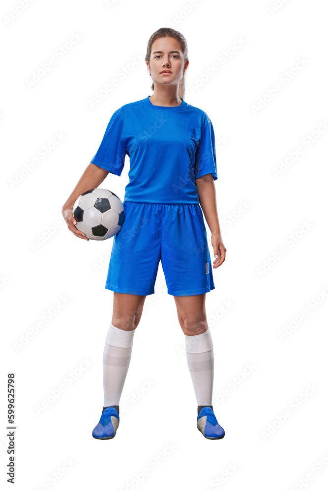  Portrait of full body young female soccer player with soccer ball standing on isolated on free PNG Background.