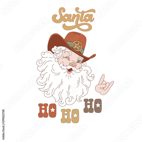 Cowboy Christmas Santa Claus rodeo illustration isolated on white. Western Christmassy Father Frost clip art . Howdy Xmas festive Ho Ho Ho design element. 