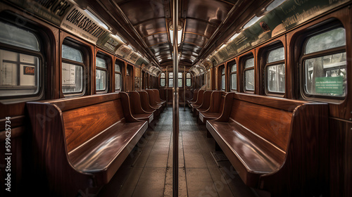 A subway car with wooden benches, AI Generative