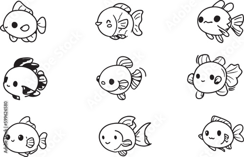 Set of Cute Fish line art vectors 