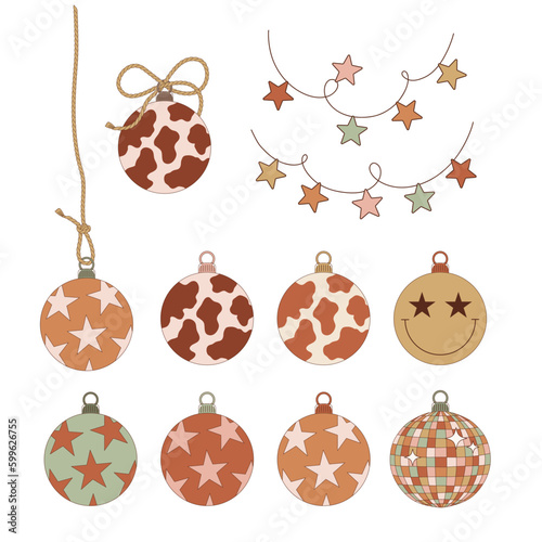 Cowboy Christmas ball vector clip-art set isolated on white. Western Christmassy decor illustration collection. Howdy Xmas decoration design element.