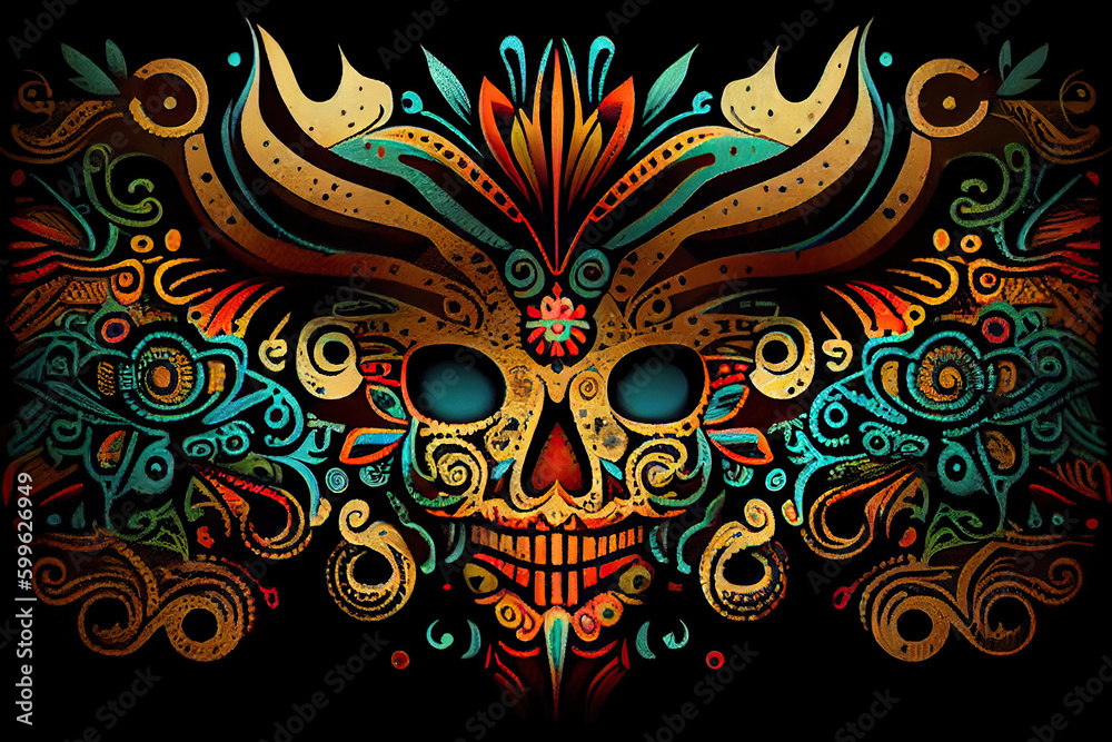 Mexican day of the dead, colorful, multicolor ornament with festive skull. Generative AI