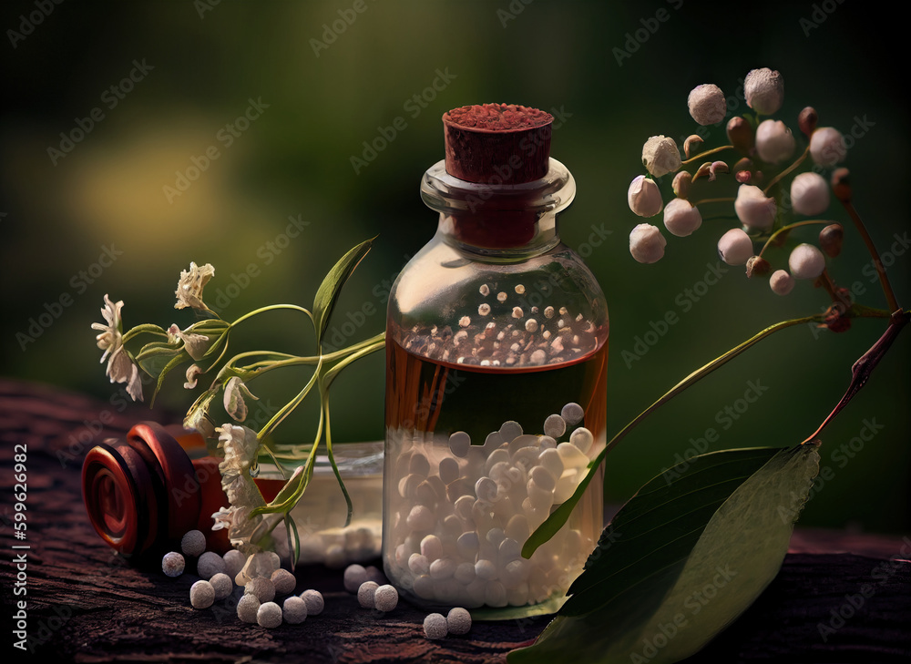 Bottle with homeopathic granules and medicinal plants. Alternative medicine. Generative AI