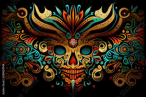 Mexican day of the dead, colorful, multicolor ornament with festive skull. Generative AI