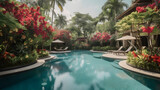 A refreshing and inviting swimming pool set amidst a beautifully landscaped garden with colorful flowers, lush greenery, and towering palm trees.