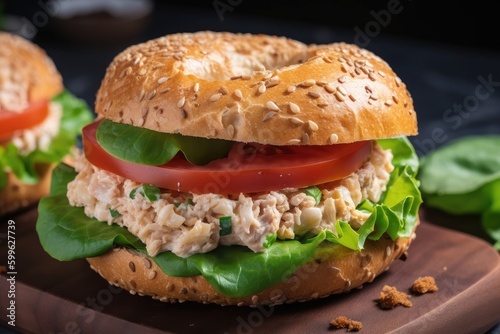 tuna salad sandwich on toasted bagel with lettuce and tomato, created with generative ai