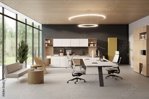 workspace with modern design and sleek furniture to create productive and inspiring environment, created with generative ai