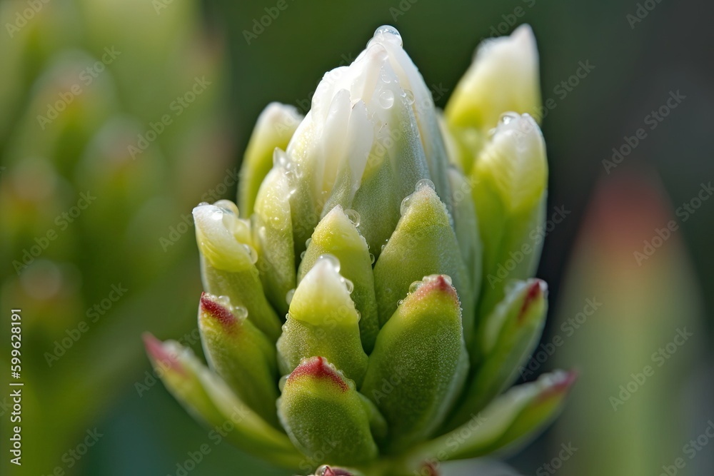 close-up of a bud with dew drops on its petals, ready to bloom, created with generative ai close-up of a bud with dew drops on its petals, ready to bloom, created with generative ai