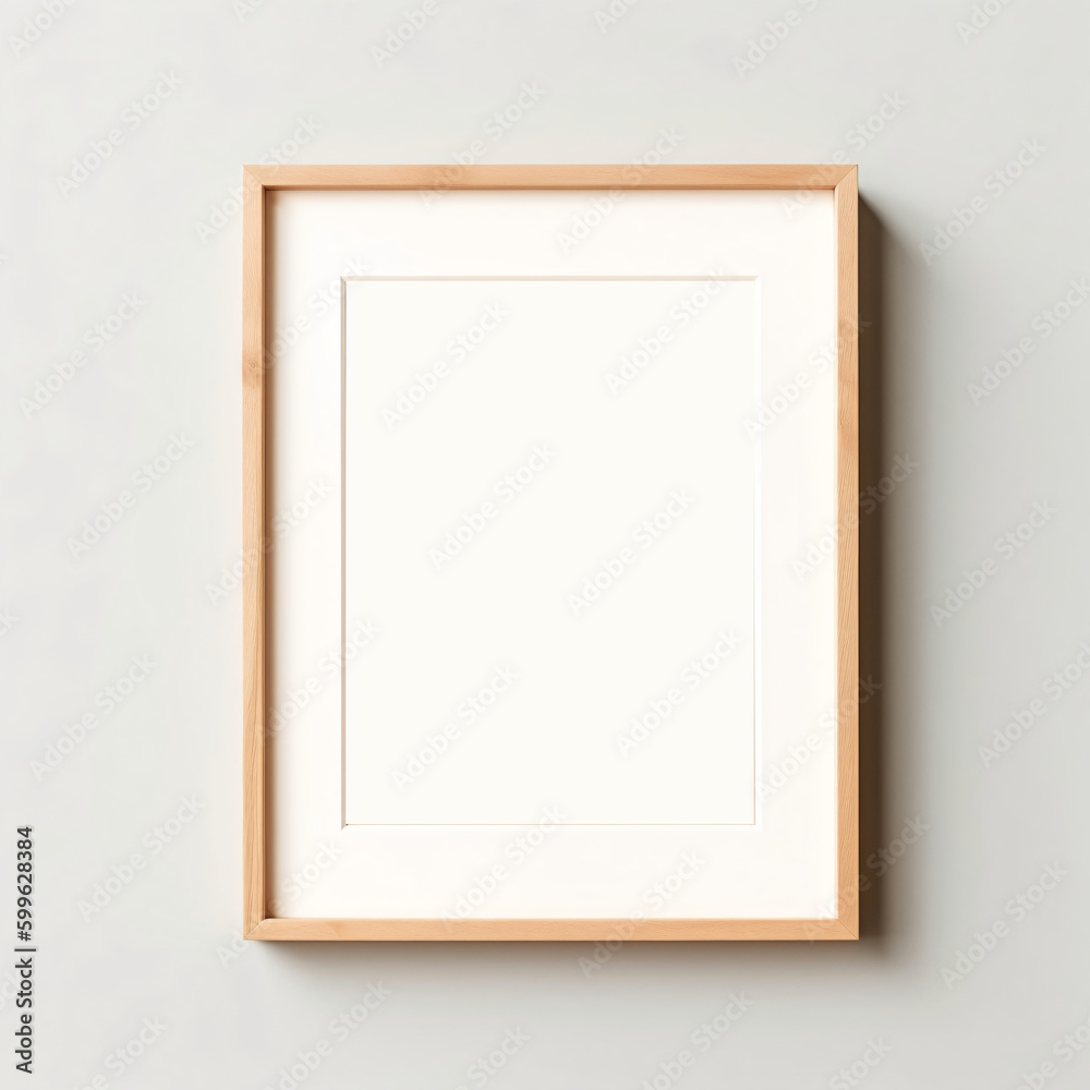 Wooden picture frame on plain wall, white border within frame, blank canvas for photos, text, illustrations, Generative AI