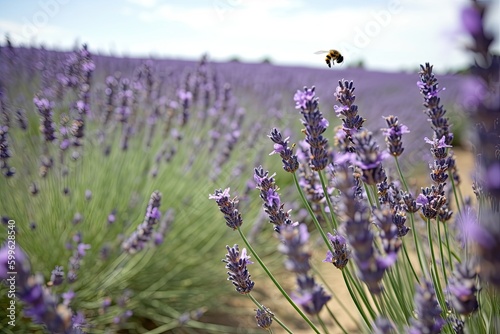 lavender field blooming in full bloom  with bees buzzing and butterflies fluttering  created with generative ai