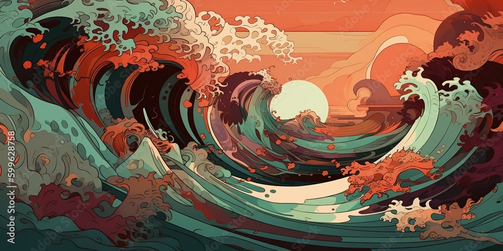 Waves moving in the ocean in oriental style. Illustration created by AI