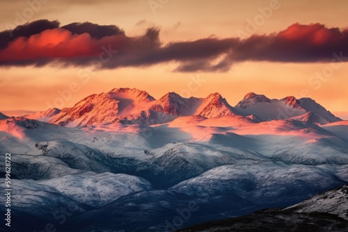 snow-capped mountains with a sunset backdrop, created with generative ai