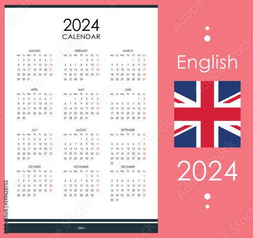 Calendar 2024. Planner template. Vertical simple layout, one page. Week starts from monday, english