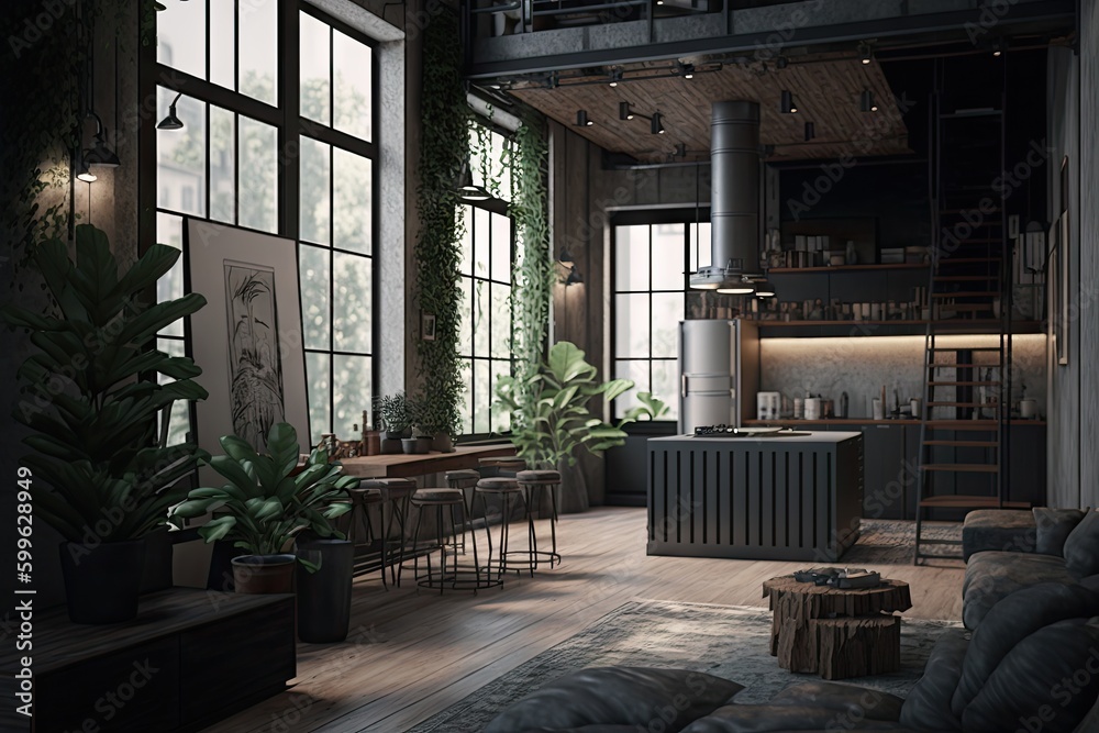 industrial home, featuring sleek and minimalist decor, with touches of greenery and warm lighting, created with generative ai