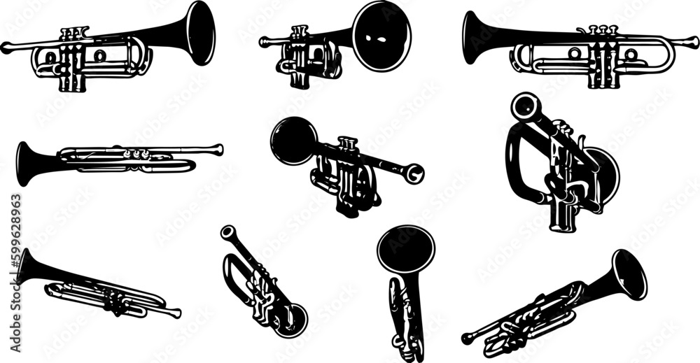 "Black and White Trumpet Silhouette Vector Set for Music Lovers" "Sleek