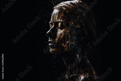 Side view portrait of woman with abstract make up covered in black with golden splatter of paint. Black background. Generative AI