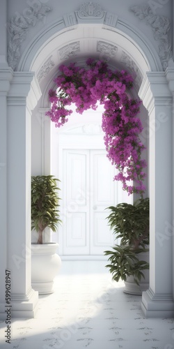 European retro archway with flower bushes and white door. Generative AI vertical shot