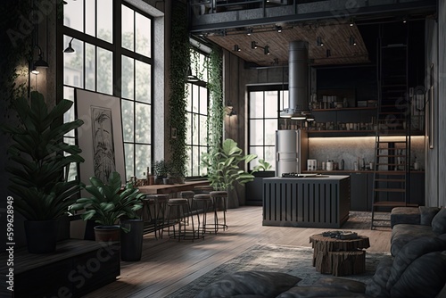 industrial home, featuring sleek and minimalist decor, with touches of greenery and warm lighting, created with generative ai