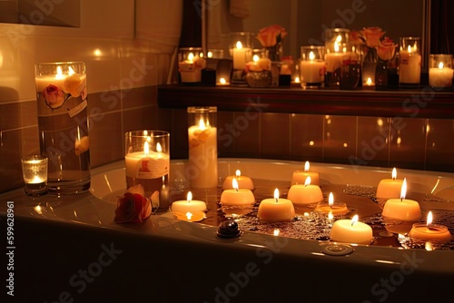 bubble bath with candles and music for truly relaxing experience, created with generative ai