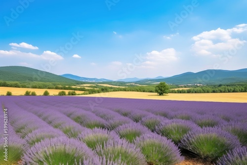 view of lavender field with rolling hills and clear blue sky  created with generative ai